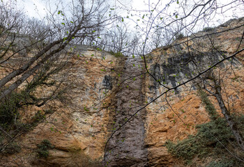 the structure of the rock surface in the section, quarrying in the natural environment, sunny day