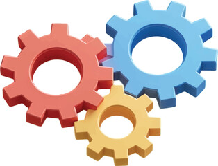 Three interlocking gears in red blue and yellow on a white background cogwheels connection