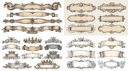 Elegant vintage frames and labels with ornate borders and crown motifs, perfect for packaging, invitations, certificates, and branding design.