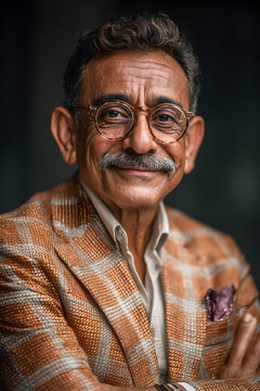 Confident senior Indian CEO man in glasses and forma jacket posing for vertica business portrait with hads folded, looking at camea. Mature businessman, comany executive headshot