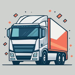stylized drawing of a truck with a white and orange body on a gray background. The truck has a modern design with a large windshield, headlights and mirrors.