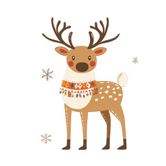 Fototapeta premium Cartoon deer with antlers and a red and orange sweater