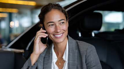A cheerful woman smiles while holding her phone in a luxury car, illustrating the intersection of joy and professionalism in a stylish, modern setting.