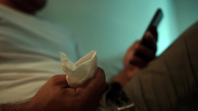 Tissues on hand Man and masturbate watching adult video on smart phone with only tissues around him. Loneliness man watching porn site video on bed.