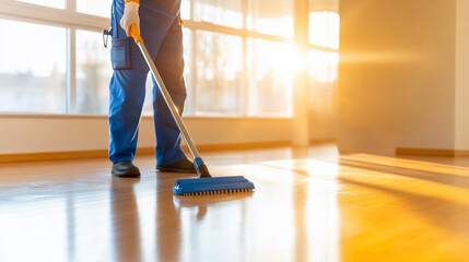 Sunlit Cleaning: A dedicated cleaner, armed with a mop, diligently maintains a spotless wooden floor within a bright, sun-drenched room, embodying the essence of cleanliness and order.