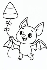 Fototapeta premium Cute bat flying a candy corn kite coloring page, Halloween cartoon character design for kids fun festive spooky printable