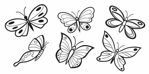 Six Stylized Black and White Butterfly Illustrations