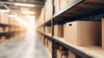 Modern warehouse shelf with neatly organized boxes under soft overhead lighting, industrial storage concept with blurred background