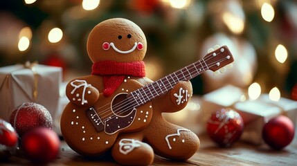 Adorable gingerbread man entertaining with guitar music for the christmas holiday season