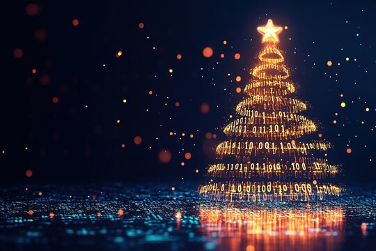 Digital Christmas tree adorned with binary code in a glowing festive design
