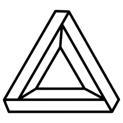A minimalist black and white vector illustration of an impossible triangle, also known as a Penrose triangle, featuring a paradoxical and clean design on a pure white background.

