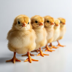 Obraz premium Five fluffy yellow chicks in a row isolated on white background