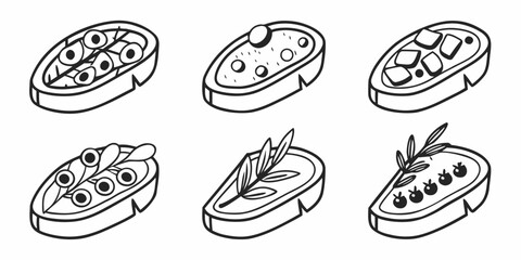 Six Stylized Illustrations of Bruschetta Toppings