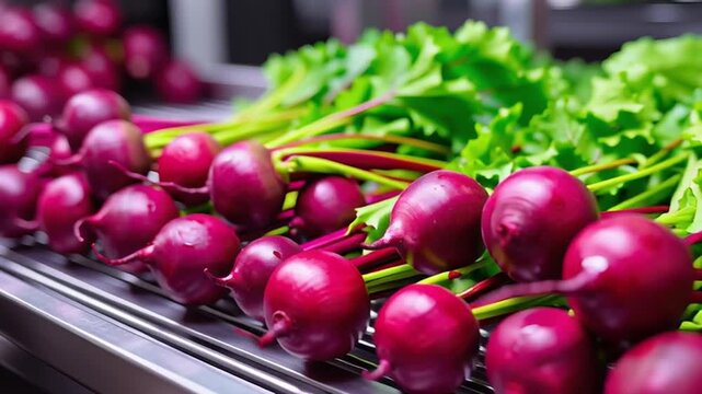 Fresh red beetroot with green leaves arranged row metal surface showcasing vibrant colors natural texture vibrant healthy vegetables organic produce for cooking salad preparation root vegetable food