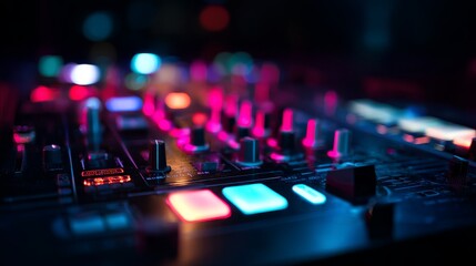 Nightclub DJ equipment close-up with glowing control panel and colorful neon lights, abstract reflections on metal surfaces in dark atmospheric background