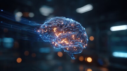Medium shot of a digital brain hologram pulsating with circuits and energy waves with the dimly blurred lab environment enhancing the AI innovation theme.