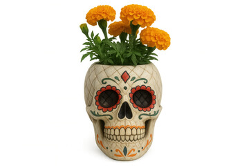 Vibrant orange cempasúchil blooming inside ceramic skull planter, symbolizing traditional día de los muertos commemorative floral display
