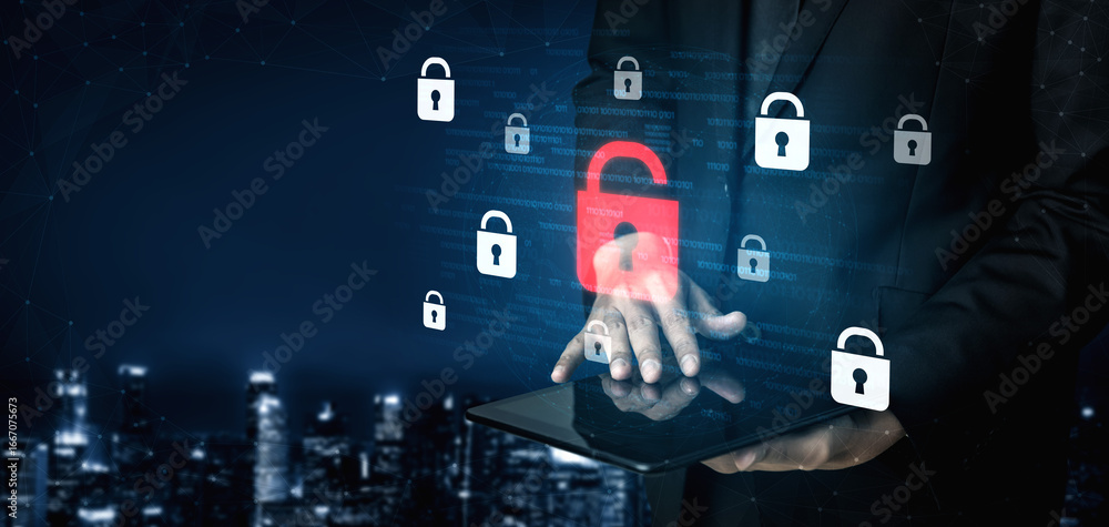 Poster digital security concept illustrating a cybersecurity breach, with a red unlocked padlock indicating