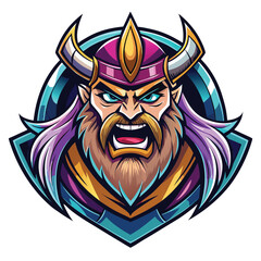 Obraz premium Fierce viking warrior with purple hair and golden helmet in a stylized esports logo design