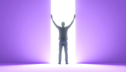 Man staring at bright doorway of unknown destination