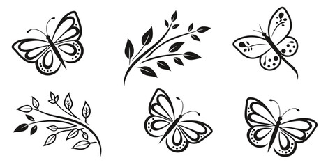 Stylized Black Butterflies and Floral Branches Vector Graphics
