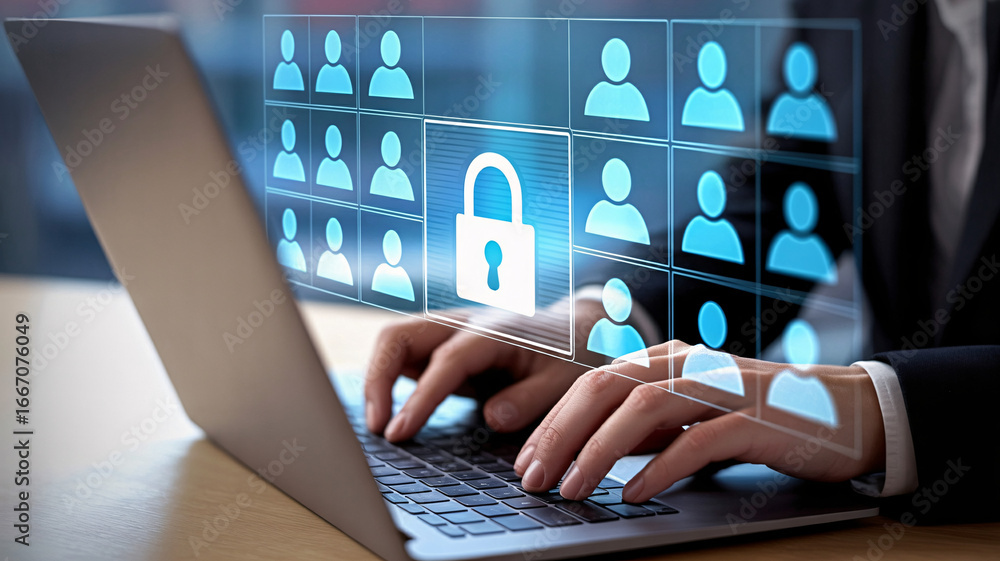 Poster data security professional types on laptop managing user access and privacy settings online