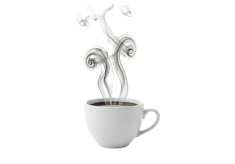 A white coffee cup filled with dark liquid, showcasing swirling grey smoke patterns against a plain black background.