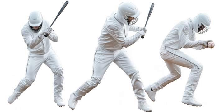 Three baseball players in action on transparent png background