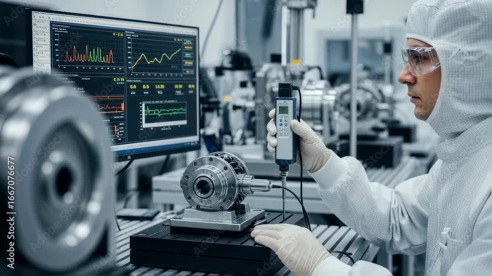 Poster worker performing quality assurance tests on gas centrifuge rotor balancing outputs ensuring each ur