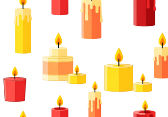 A repeating pattern of various colored candles with flames, set against a dark background.