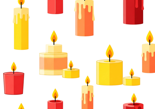 A repeating pattern of various colored candles with flames, set against a dark background.