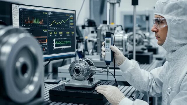 Worker performing quality assurance tests on gas centrifuge rotor balancing outputs ensuring each uranium enrichment component meets strict safety standards.