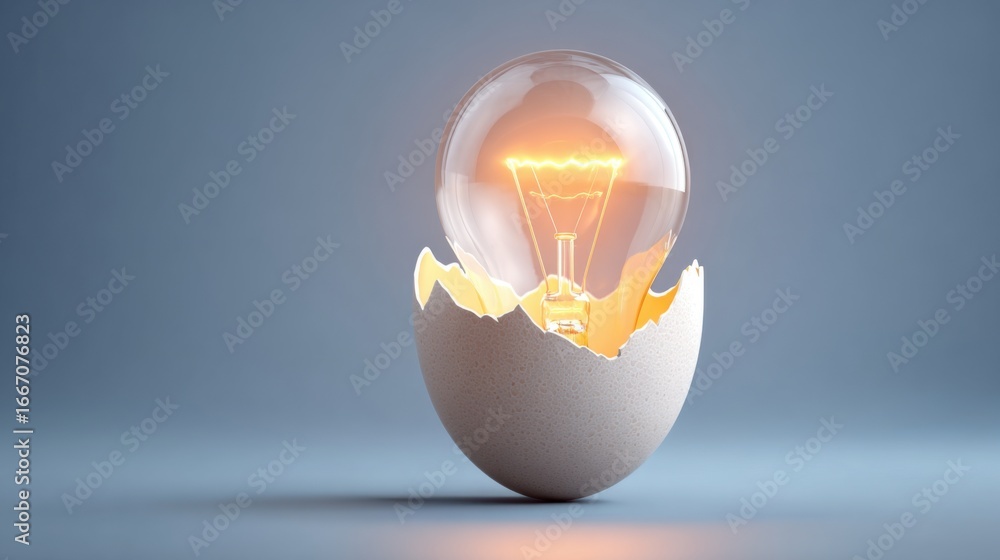 Poster an eggshell rests on a smooth surface, with a glowing light bulb emerging from it. this creative rep