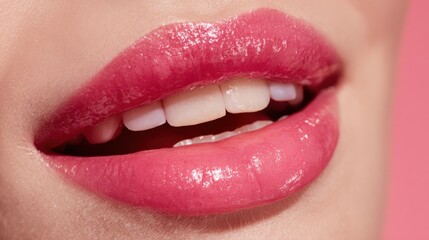 Obraz premium Glossy pink lips exhibit a fresh appearance, highlighting a natural smile against a soft, bright backdrop. The shine and color enhance the overall beauty and allure.