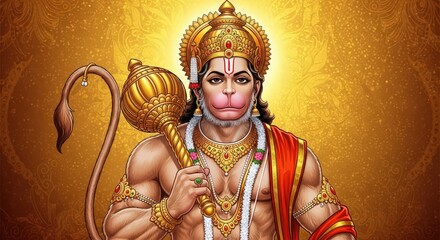 Ornate depiction of a divine figure, golden skin, adorned with jewelry, ornate crown, and a weapon