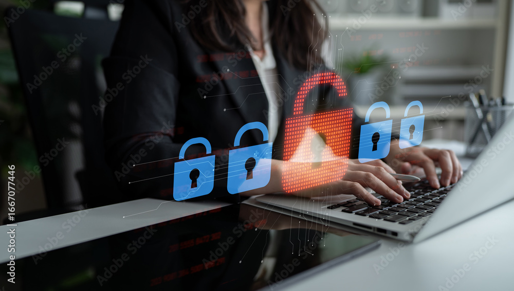 Poster digital security concept illustrating a cybersecurity breach, with a red unlocked padlock indicating