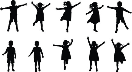 Vector silhouette illustration of happy children jumping and playing, energetic kids in motion, joyful childhood activity poses, isolated on white background