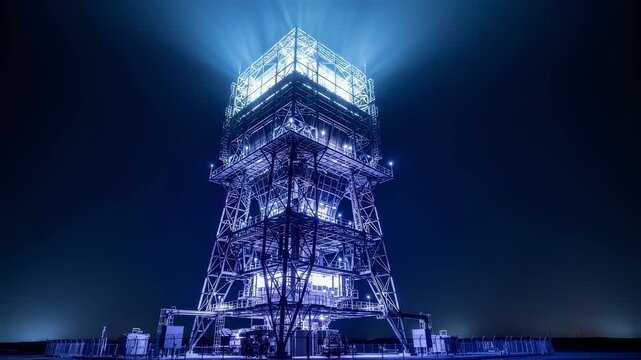 Nighttime shot of illuminated concentrated solar receiver tower framework highlighting intricate details and industrial lighting.