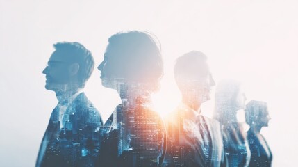 Silhouettes of five professionals stand together in a cityscape backdrop. The warm glow of the sunset highlights their profiles, representing unity and ambition in the workplace.