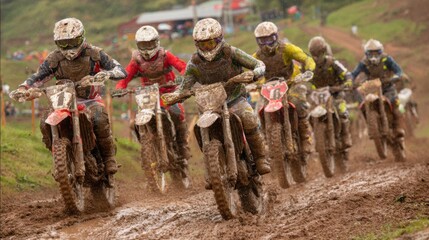 Racers maneuver their dirt bikes through a challenging muddy track during a competitive motocross event. The atmosphere is filled with excitement as they battle for victory.