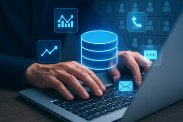 Close-up of hands typing on laptop with digital data storage and communication icons representing cloud computing and business analytics