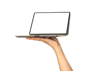 Hand holding an open laptop computer with blank screen graphic design isolated on a transparent background