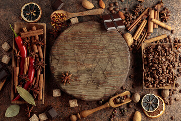 Various spices and seasonings for making aromatic coffee-based drinks.