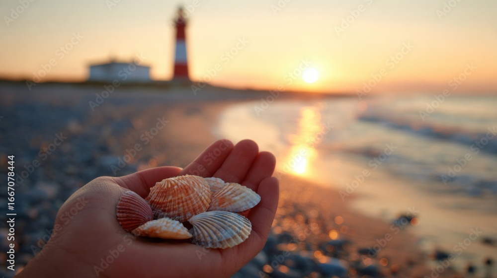 Poster a hand reaches out with a collection of colorful seashells as the sun sets behind a lighthouse. wave