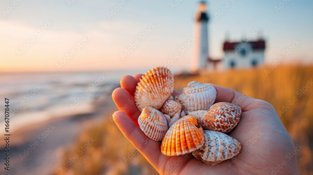Poster a hand holds a variety of colorful seashells while a lighthouse stands in the background during a be