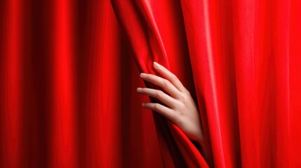 A hand gently pulls back vibrant red curtains, hinting at a performance or event waiting to be unveiled. The moment captures anticipation and mystery in a theatrical atmosphere.