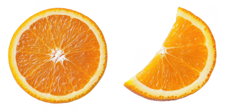 Orange slices, fruit pieces on transparent png background