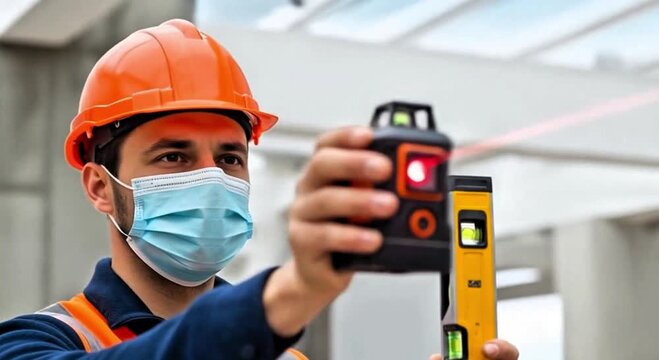Eye level, video of construction workers holding a building measuring instrument with a water level and laser level, engineer, architect, education.