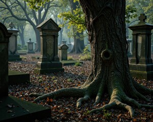 Misty morning in an old overgrown cemetery with weathered gravestones and large tree roots