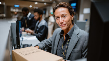 A poised woman at a service counter greets customers with a warm smile, embodying professionalism and dedication in a contemporary service environment.
